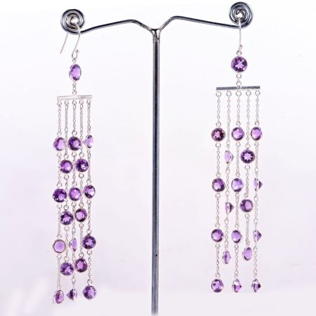 Handmade 925 Sterling Silver Long Chain Dangle Earrings with Amethyst